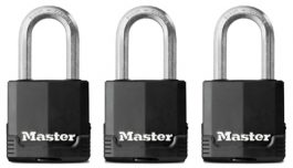 Three Master padlocks in a row on a white background.