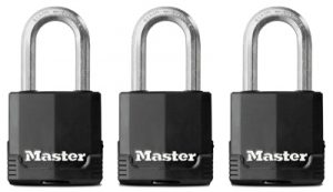 Three Master padlocks in a row on a white background.