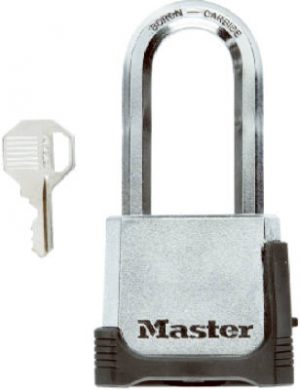 A silver Master padlock with its key to the left, isolated on a white background.