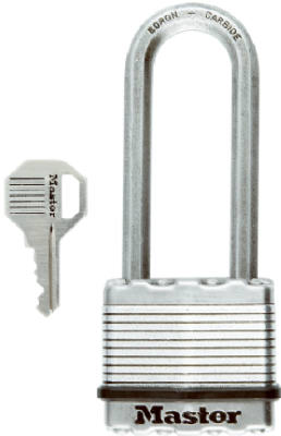 Silver Master padlock with key on a white background.