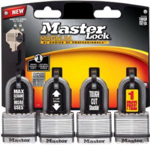 Packaging of four Master Lock Magnum padlocks with a "1 Free" promotion.
