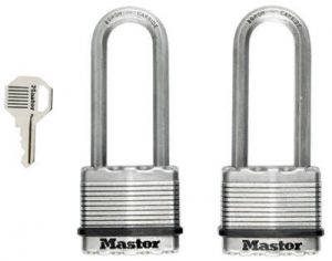 Two Master padlocks side by side with one key appearing to the left.