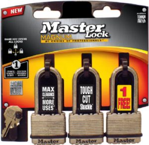 Packaging of three Master Lock padlocks with a "1 Free" promotional label.