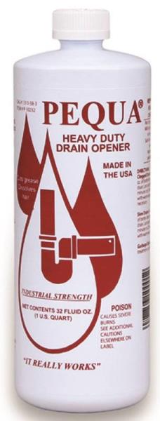 A bottle of Pequa heavy-duty drain opener with industrial strength label.