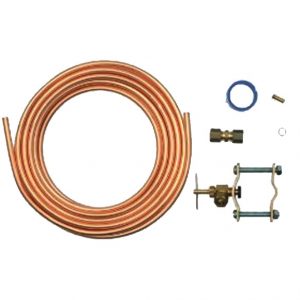 Coiled copper tubing with various fittings and a valve on a white background.
