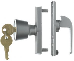 A disassembled door knob with keys and components isolated on white.