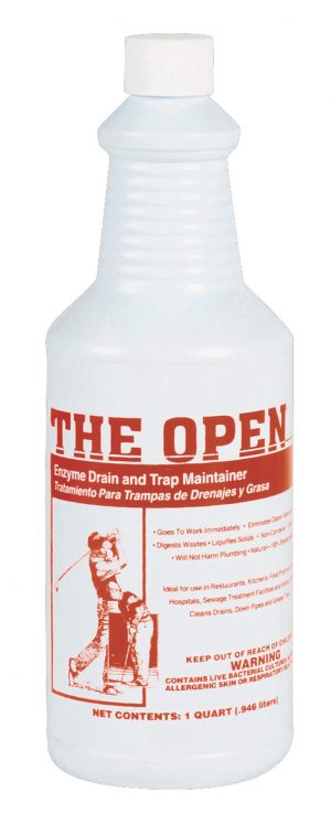 A bottle of enzyme drain and trap maintainer with red and black text details.