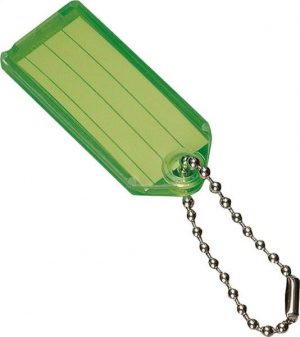 Green luggage tag with a metallic ball chain on a white background.