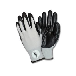 A pair of work gloves with white fabric backs and black rubber-coated palms.