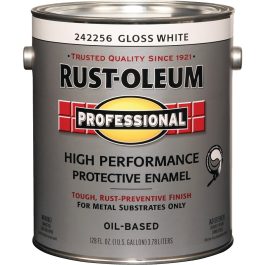 A can of Rust-Oleum Professional high gloss white enamel paint.
