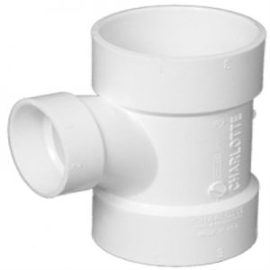 White PVC pipe fitting with three connecting ends on a plain background.