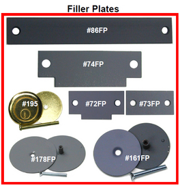 An assortment of metal lock and door hardware filler plates with labels on a white background.
