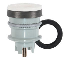 An isolated push button switch with a white cap and gray base on a white background.