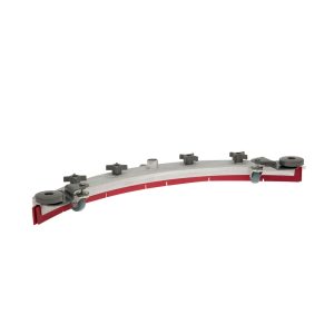 Curved metal brake pad support with multiple bolts on a white background.