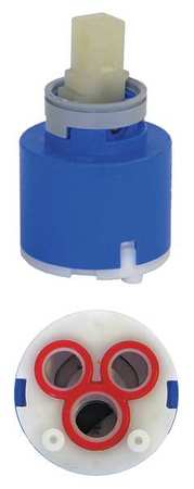 Blue and white plastic faucet cartridge with multi-colored seals.