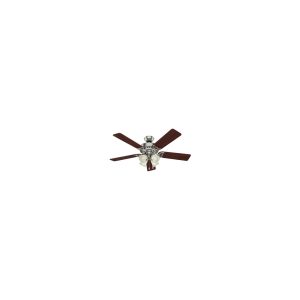 Ceiling fan with lights and dark wooden blades on a plain background.