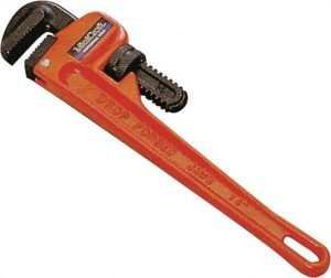 A red pipe wrench with black adjustable jaws on a white background.