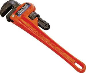 An isolated red pipe wrench with an adjustable jaw, against a white background.