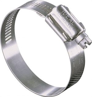 Stainless steel hose clamp isolated on a white background.