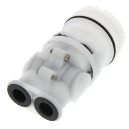 A white coaxial cable splitter with two output ports.