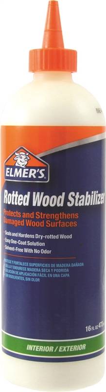 Bottle of Elmer's Rotted Wood Stabilizer for interior/exterior use, white with orange cap.