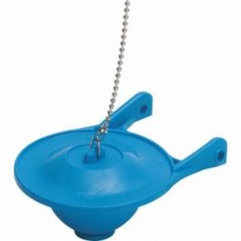Blue plastic funnel with a detachable strainer and chain.