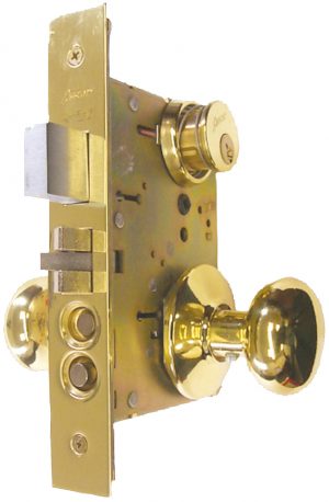 Brass door lock mechanism with keys, side view on a white background.