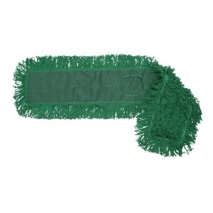 A green microfiber dust mop pad with fringes, isolated on a white background.