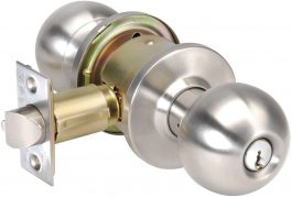 Stainless steel door knob with keyhole on white background.