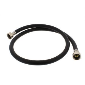 Black coaxial cable with silver connectors on white background.