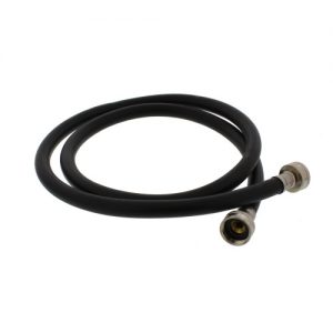 A black rubber hose with metal connectors on both ends, isolated on a white background.