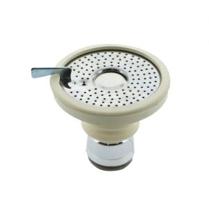 Kitchen sink strainer with a metal mesh and lever on a white background.