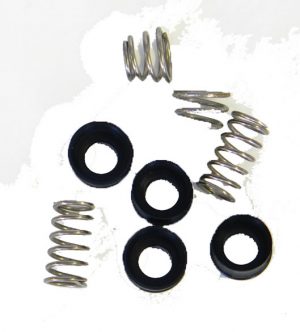 Assorted metal springs and rubber gaskets on a white background.