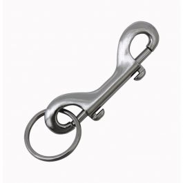 A metal double-ended snap hook against a white background.