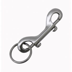 A metal double-ended snap hook against a white background.