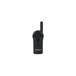 Black Motorola walkie-talkie against a white background.