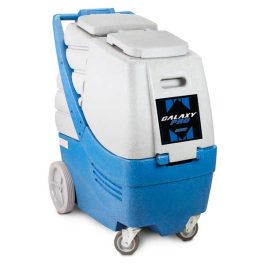 A blue and white commercial carpet cleaning machine with the label "GALAXY PRO".