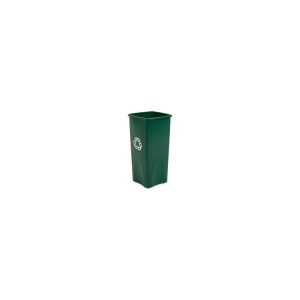 Green recycling bin with recycle symbol on white background.