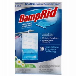 Packaging of Damprid moisture absorber with blue design and fresh scent label.