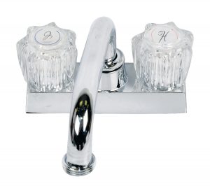 Chrome faucet with clear cold and hot water handles on a white background.
