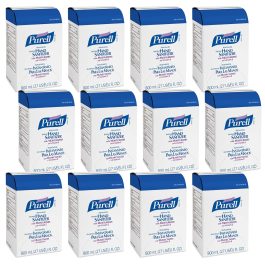Multiple Purell hand sanitizer bottles in blue and white packaging.