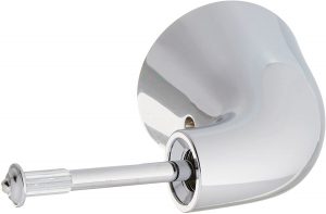 Chrome showerhead with a single lever on white background.