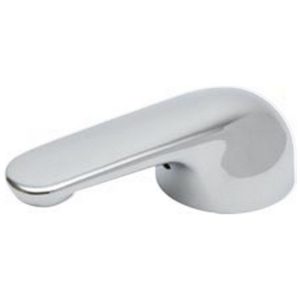 A shiny chrome faucet handle isolated on a white background.