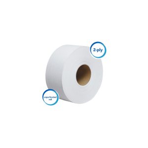 A roll of 2-ply, unperforated white paper towels isolated on a white background.