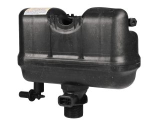 Black plastic coolant expansion tank for a vehicle isolated on white background.