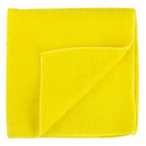 Bright yellow folded microfiber cleaning cloth on a white background.
