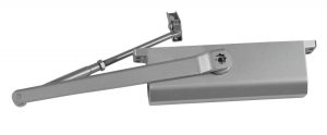 An isolated door closer mechanism on a white background.