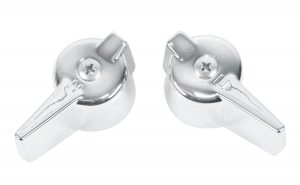 Two shiny metal whistle-like objects on a white background.