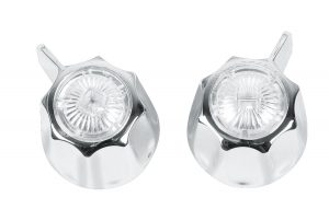 Pair of silver metallic drawer knobs with a faceted clear insert on a white background.