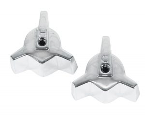 Two shiny metal cloverleaf nozzle attachments for mixing equipment.